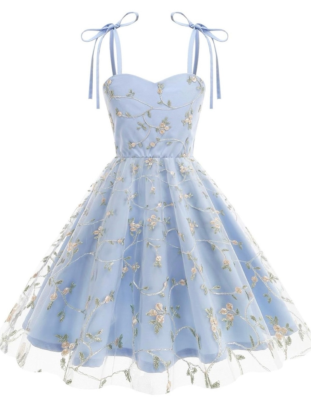 Blue Floral Embroidered Tie-Shoulder Kids Dress